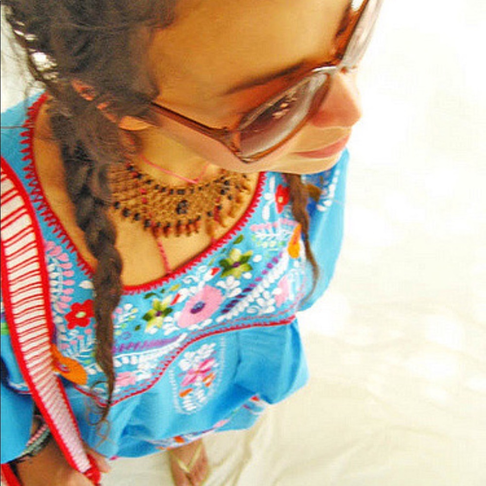Mexican Dress Turquoise Blue Maxi Boho Embroidered